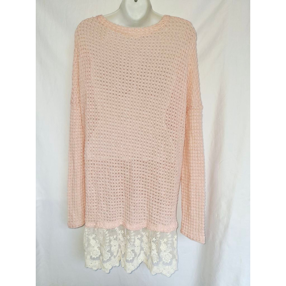Entro Pink V-Neck Sweater with White Lace Trim, Size M tunic super soft - Picture 3 of 5